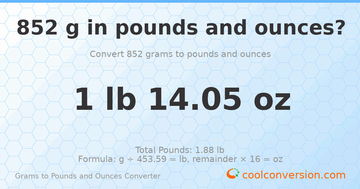 852 g to lb and oz — 852 g = 1 lb 14.05 oz