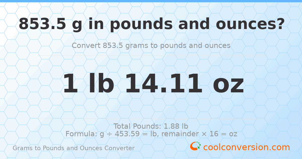 853.5 g to lb and oz — 853.5 g = 1 lb 14.11 oz