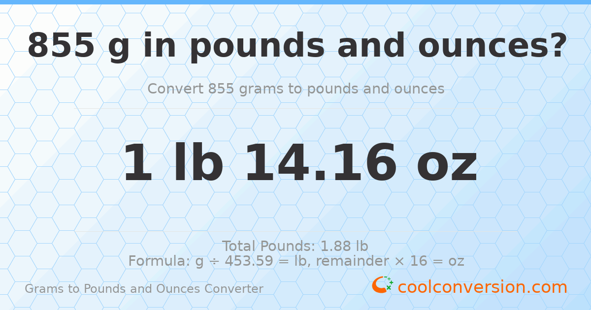 855 g to lb and oz — 855 g = 1 lb 14.16 oz