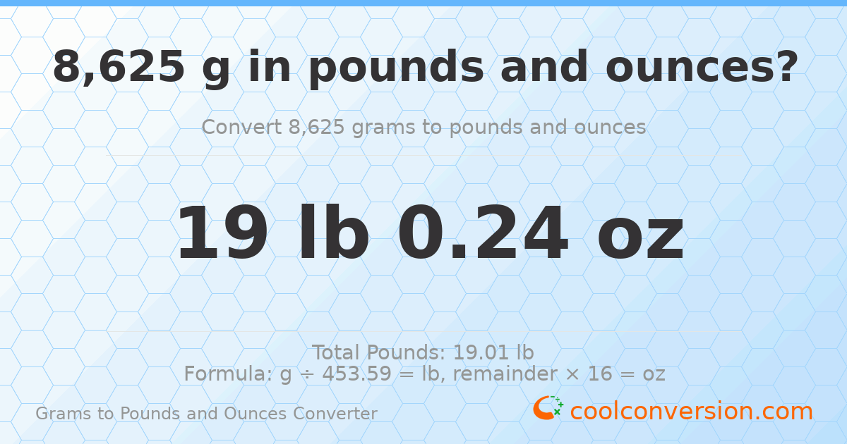 8625 g to lb and oz — 8625 g = 19 lb 0.24 oz