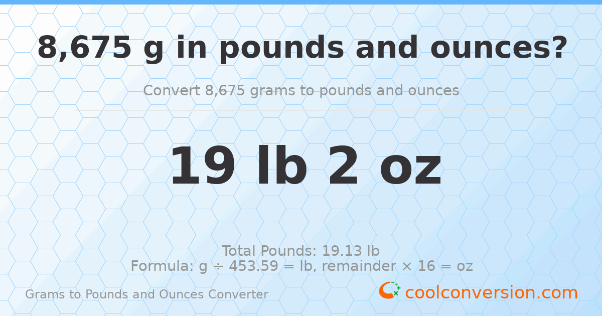 8675 g to lb and oz — 8675 g = 19 lb 2 oz