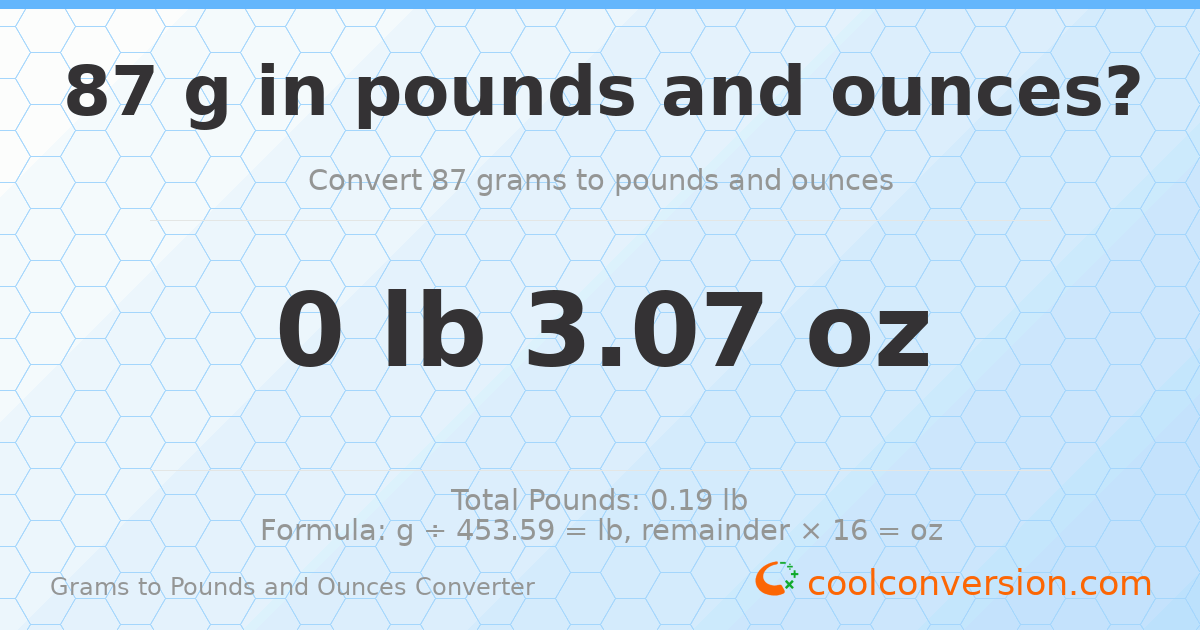 87 g to lb and oz — 87 g = 0 lb 3.07 oz