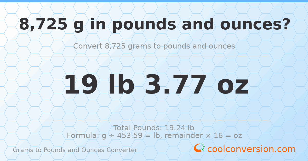 8725 g to lb and oz — 8725 g = 19 lb 3.77 oz