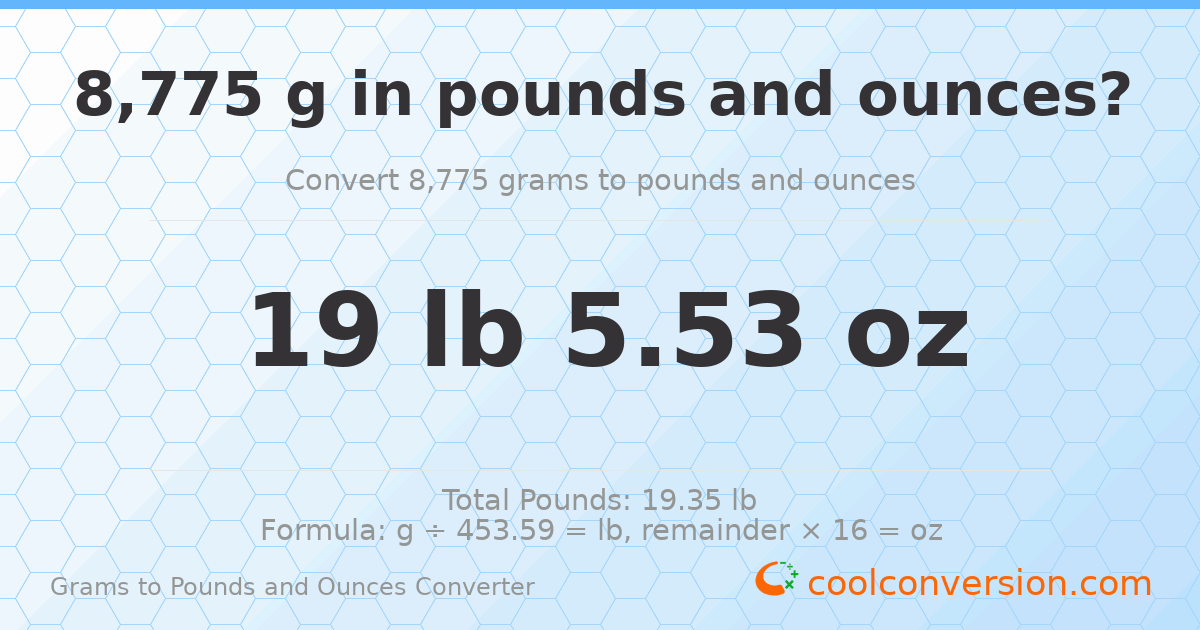 8775 g to lb and oz — 8775 g = 19 lb 5.53 oz