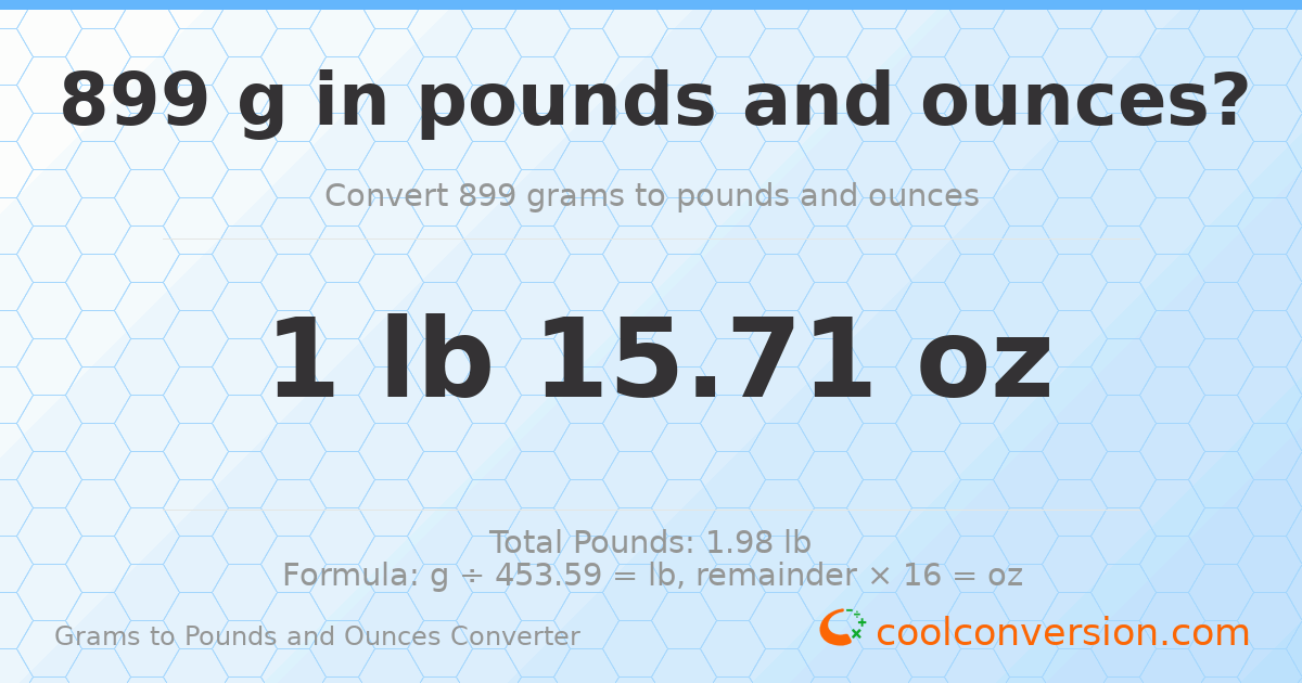 899 g to lb and oz — 899 g = 1 lb 15.71 oz