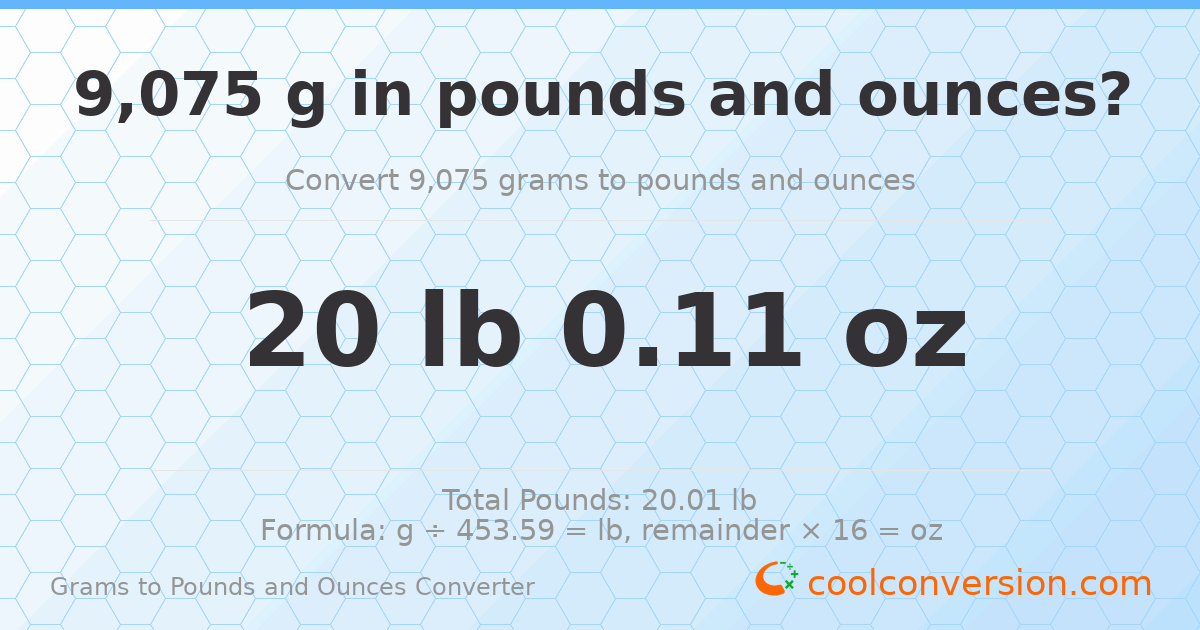9075 g to lb and oz — 9075 g = 20 lb 0.11 oz