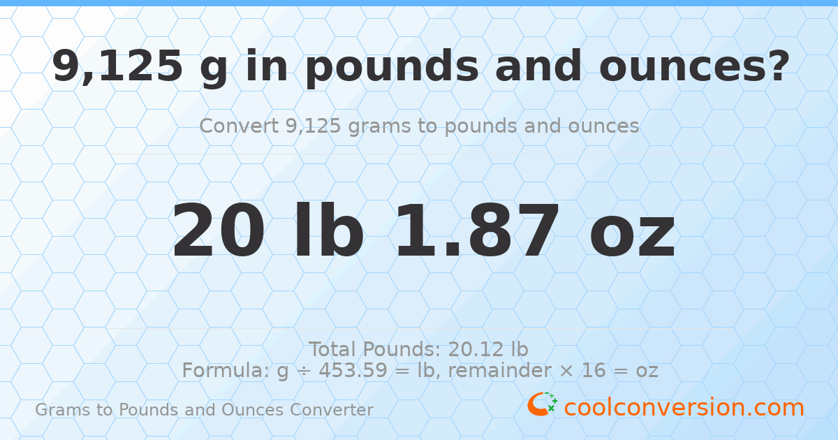 9125 g to lb and oz — 9125 g = 20 lb 1.87 oz