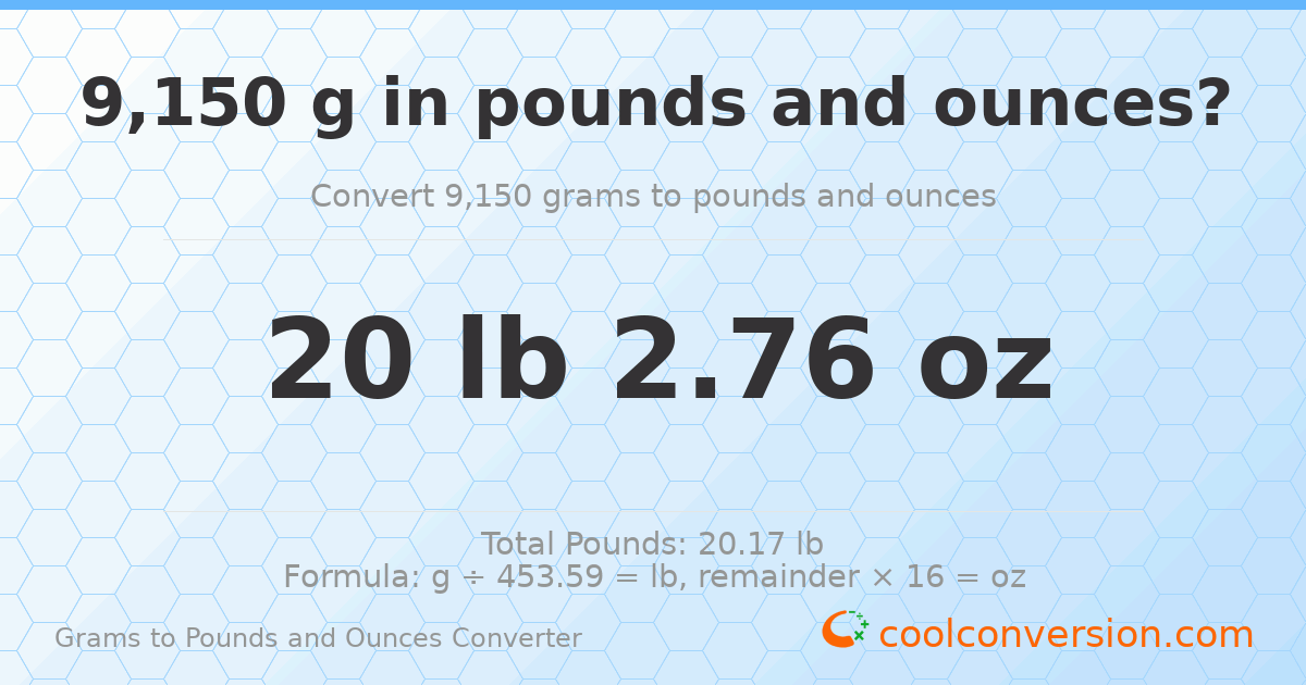 9150 g to lb and oz — 9150 g = 20 lb 2.76 oz