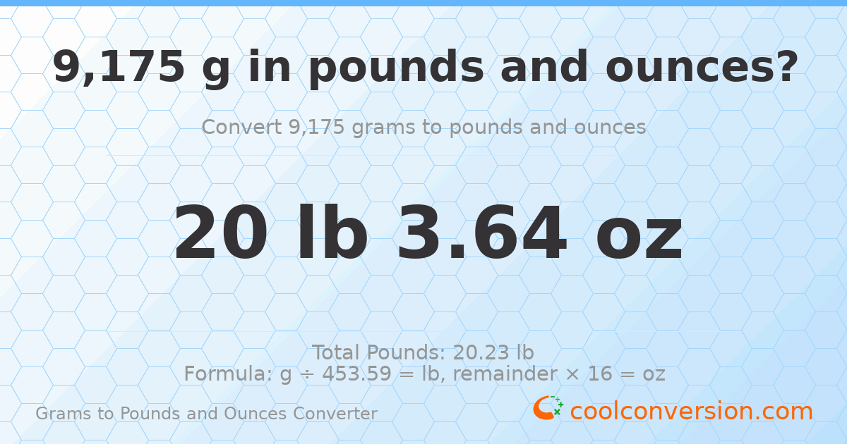 9175 g to lb and oz — 9175 g = 20 lb 3.64 oz