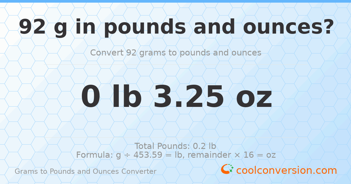 92 g to lb and oz — 92 g = 0 lb 3.25 oz