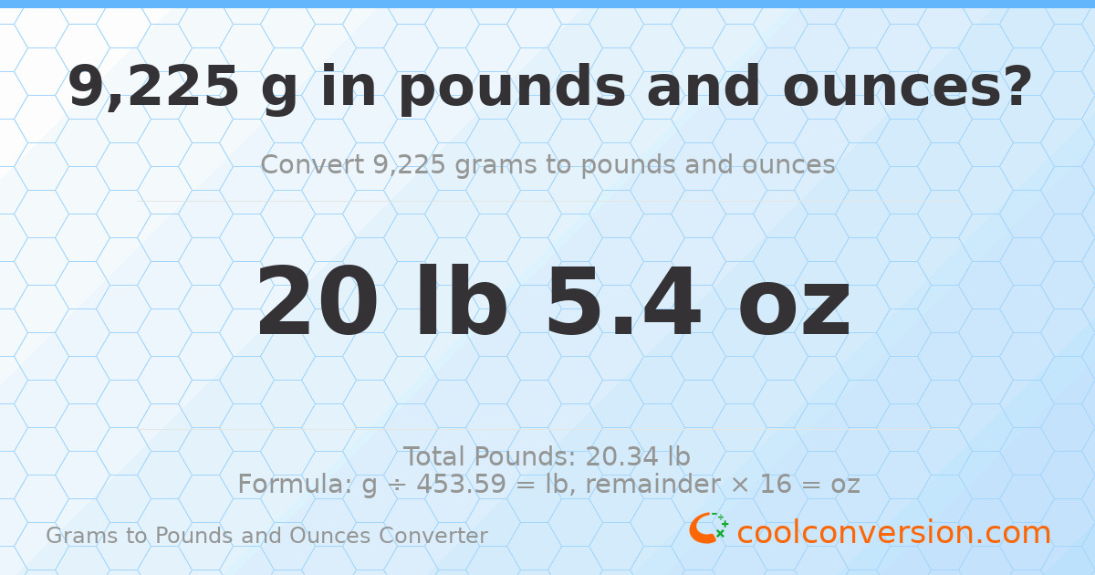 9225 g to lb and oz — 9225 g = 20 lb 5.4 oz