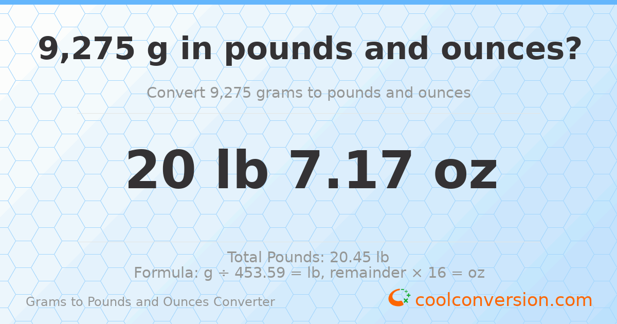 9275 g to lb and oz — 9275 g = 20 lb 7.17 oz