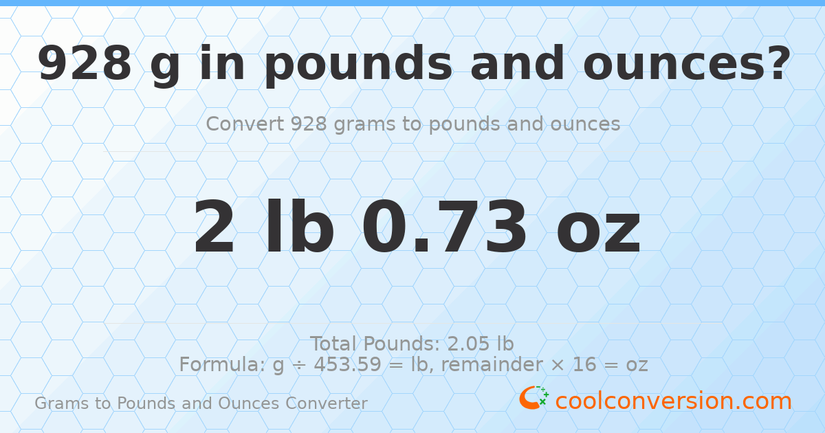 928 g to lb and oz — 928 g = 2 lb 0.73 oz
