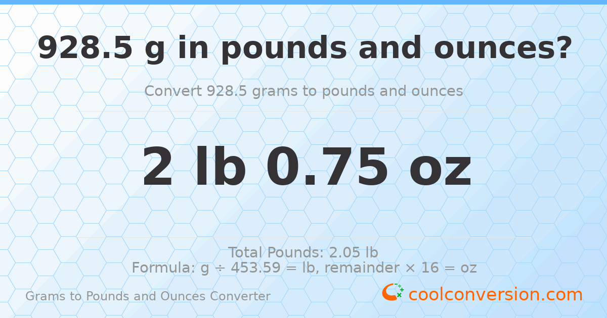 928.5 g to lb and oz — 928.5 g = 2 lb 0.75 oz