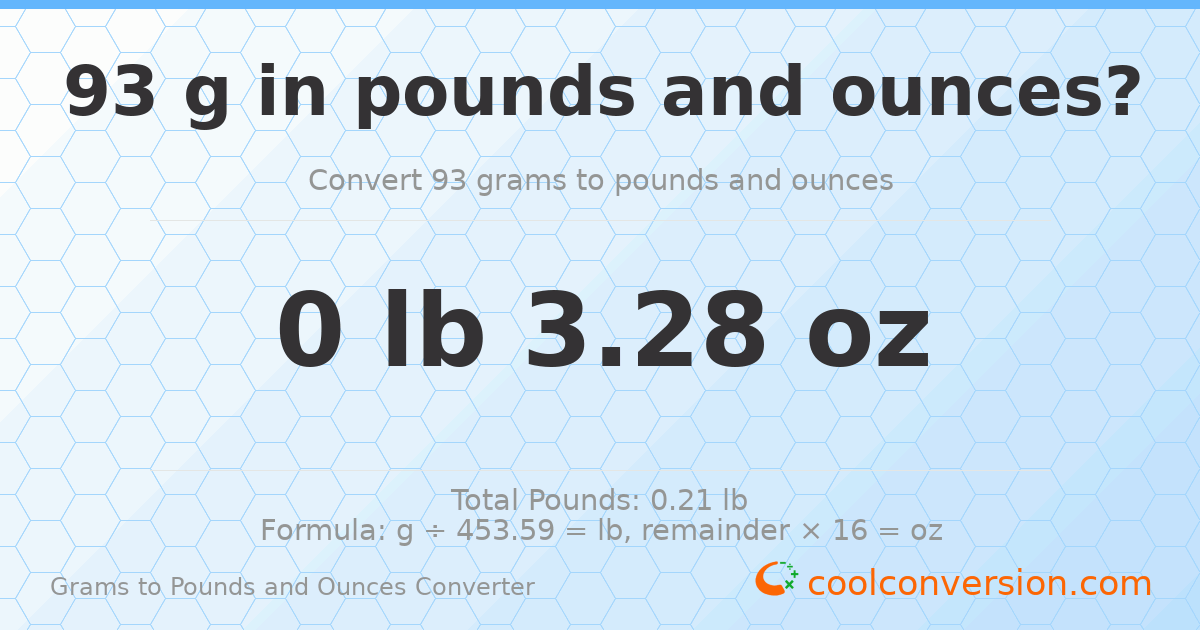 93 g to lb and oz — 93 g = 0 lb 3.28 oz