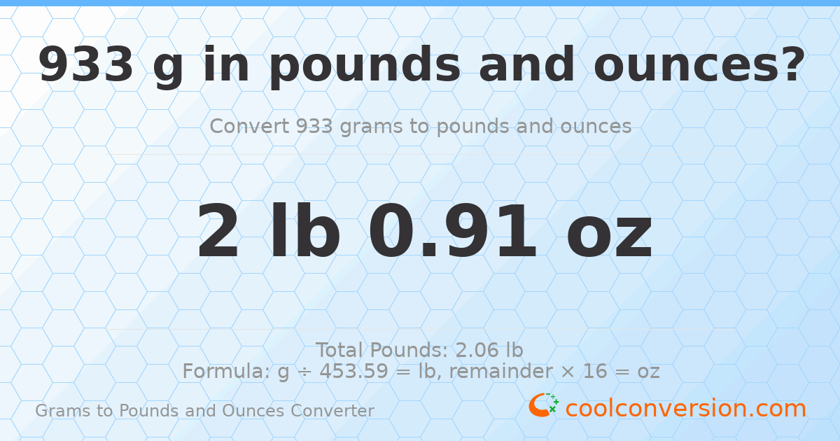 933 g to lb and oz — 933 g = 2 lb 0.91 oz