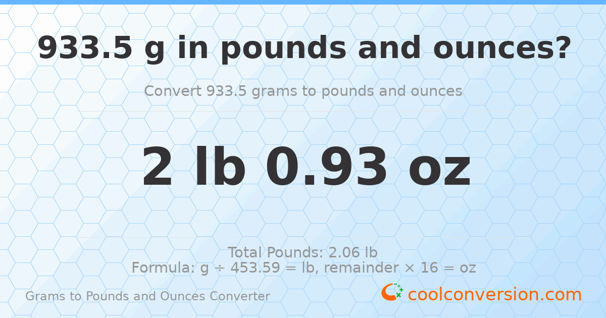 933.5 g to lb and oz — 933.5 g = 2 lb 0.93 oz