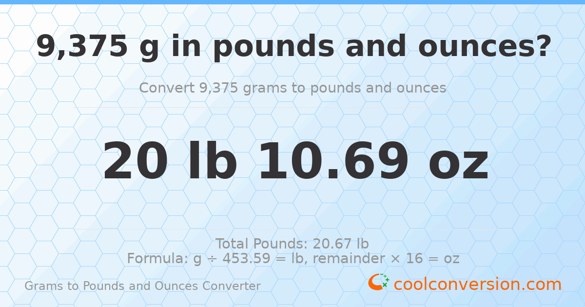 9375 g to lb and oz — 9375 g = 20 lb 10.69 oz