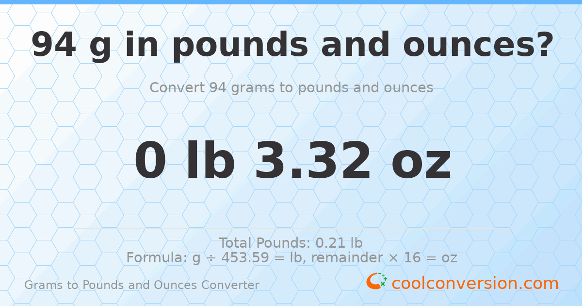 94 g to lb and oz — 94 g = 0 lb 3.32 oz