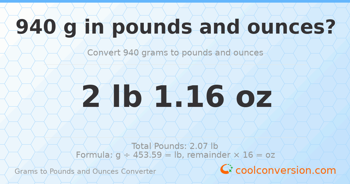 940 g to lb and oz — 940 g = 2 lb 1.16 oz