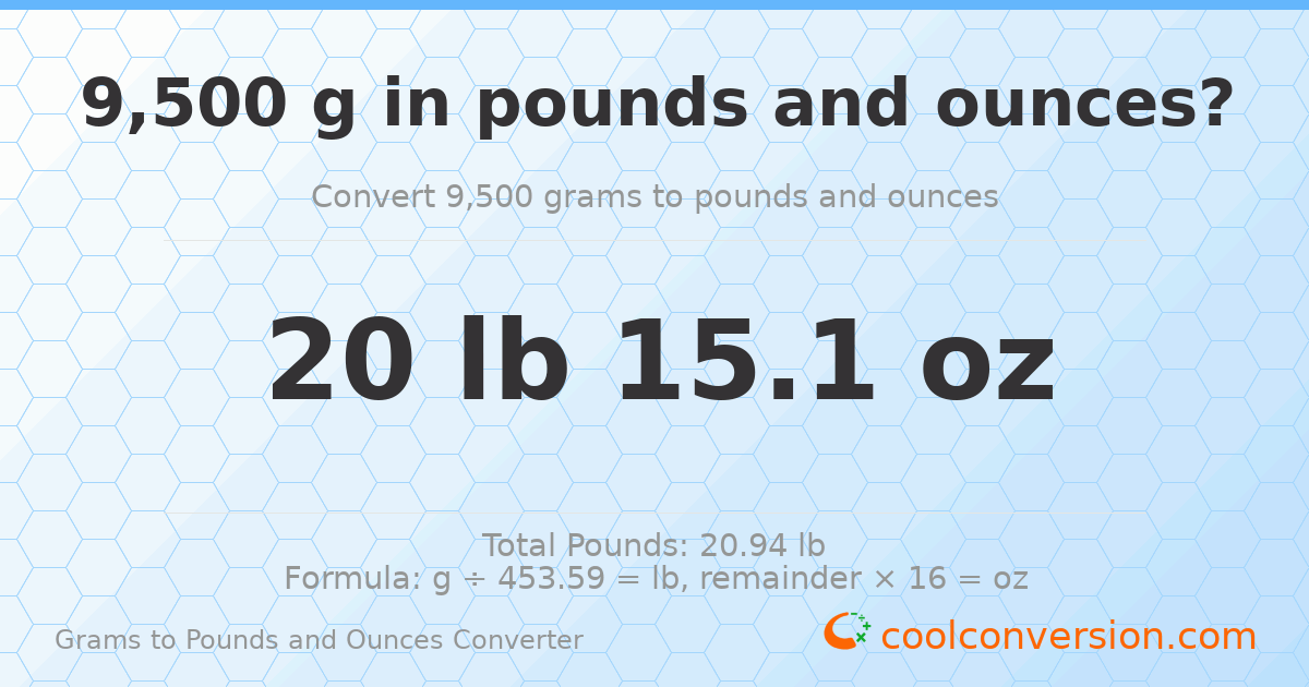 9500 g to lb and oz — 9500 g = 20 lb 15.1 oz