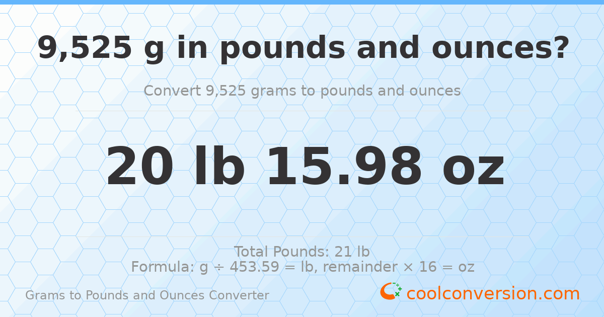 9525 g to lb and oz — 9525 g = 20 lb 15.98 oz