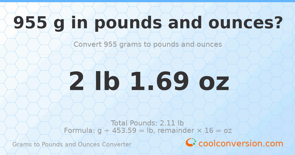 955 g to lb and oz — 955 g = 2 lb 1.69 oz