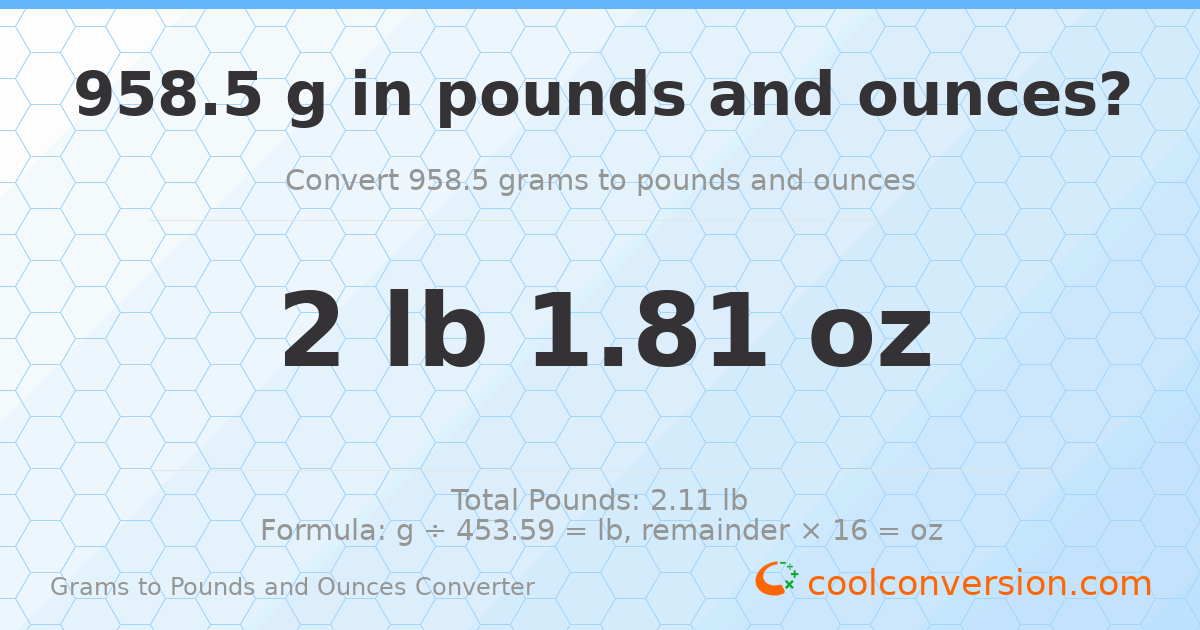 958.5 g to lb and oz — 958.5 g = 2 lb 1.81 oz