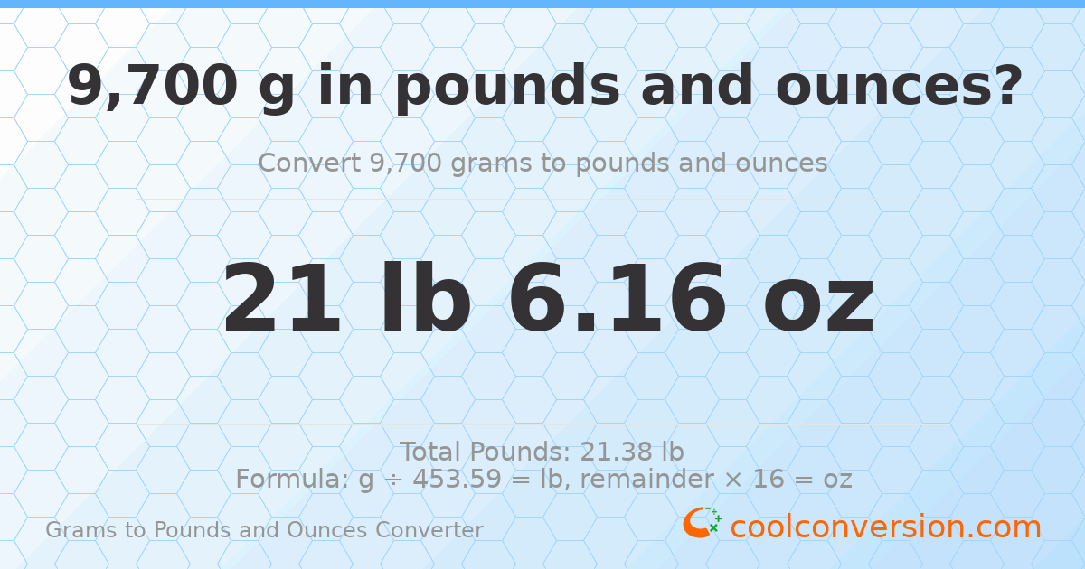 9700 g to lb and oz — 9700 g = 21 lb 6.16 oz