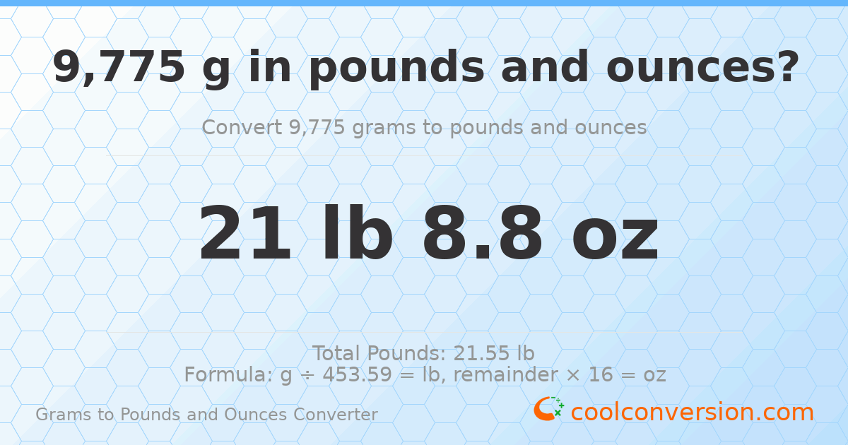 9775 g to lb and oz — 9775 g = 21 lb 8.8 oz