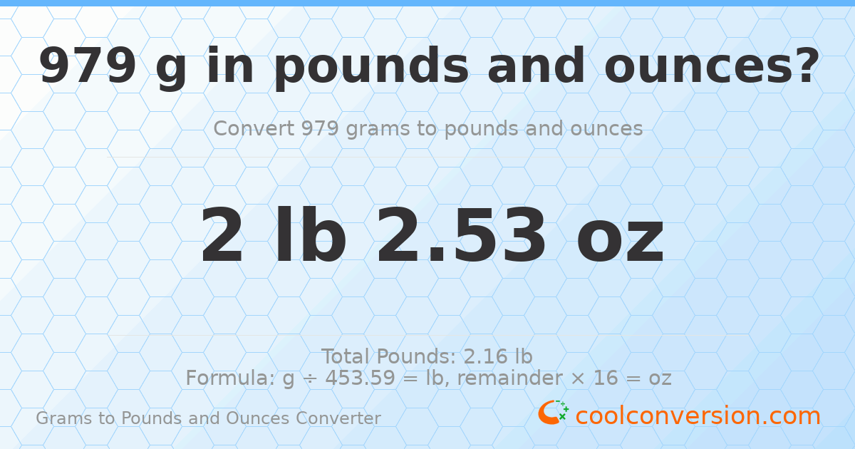 979 g to lb and oz — 979 g = 2 lb 2.53 oz