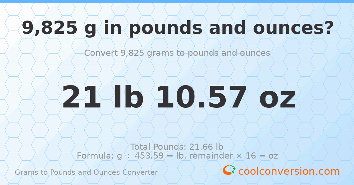 9825 g to lb and oz — 9825 g = 21 lb 10.57 oz