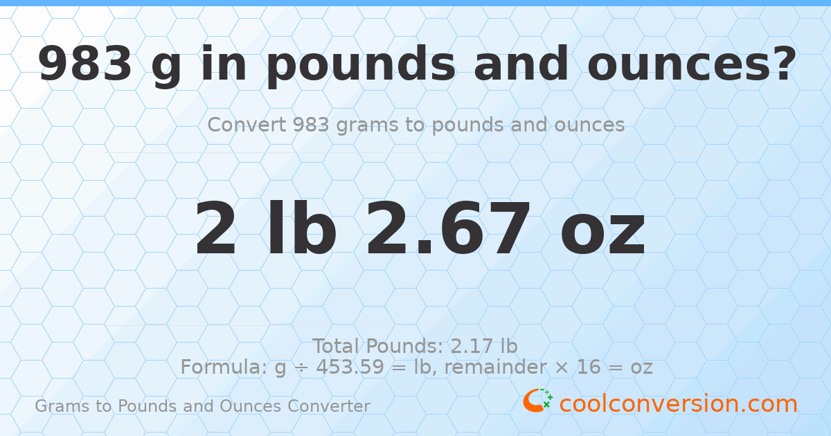 983 g to lb and oz — 983 g = 2 lb 2.67 oz