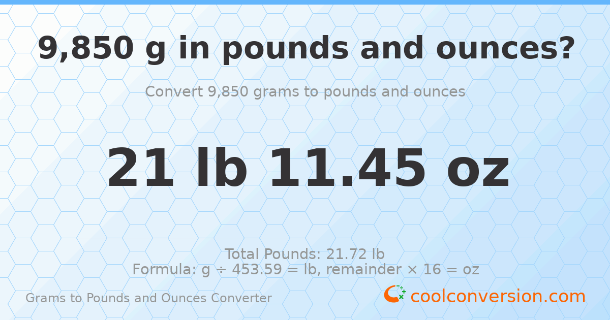9850 g to lb and oz — 9850 g = 21 lb 11.45 oz