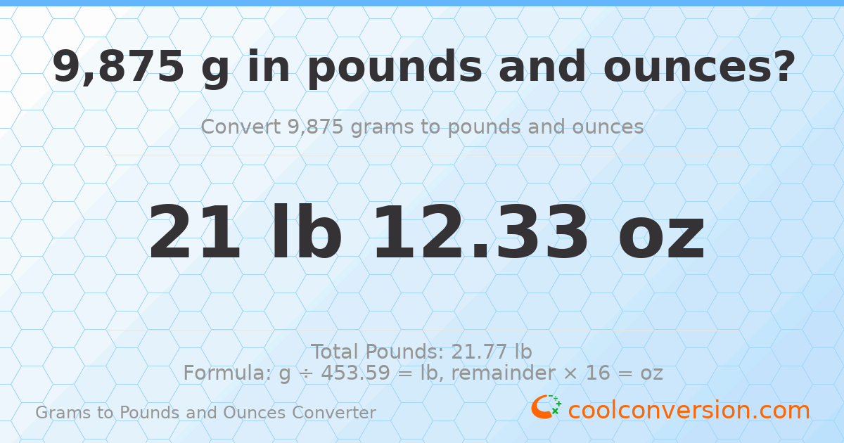9875 g to lb and oz — 9875 g = 21 lb 12.33 oz