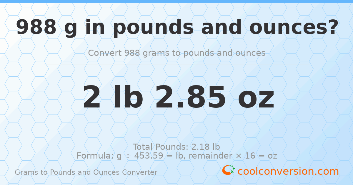 988 g to lb and oz — 988 g = 2 lb 2.85 oz