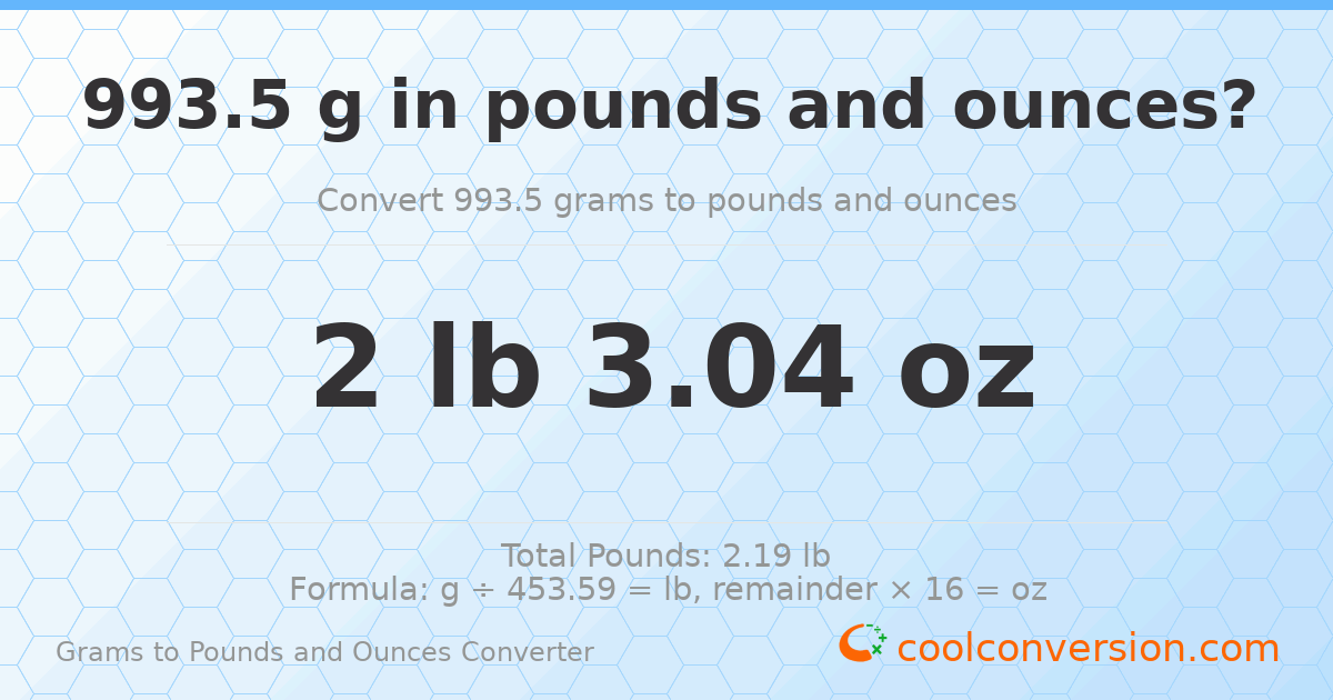 993.5 g to lb and oz — 993.5 g = 2 lb 3.04 oz