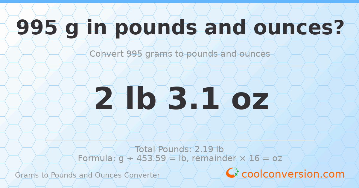 995 g to lb and oz — 995 g = 2 lb 3.1 oz