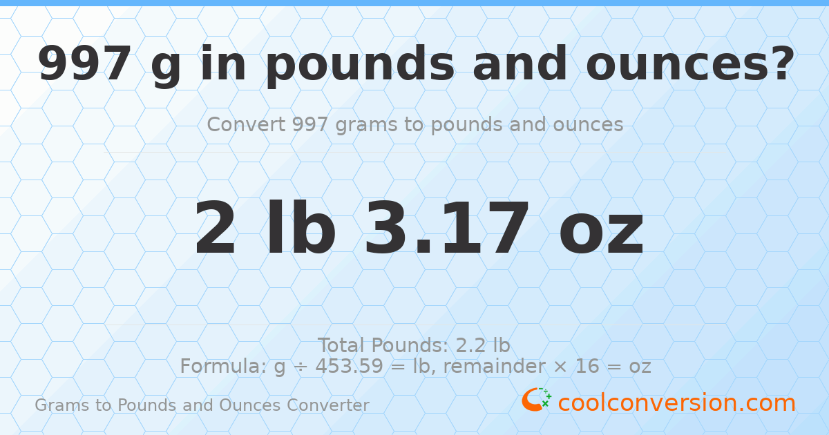 997 g to lb and oz — 997 g = 2 lb 3.17 oz