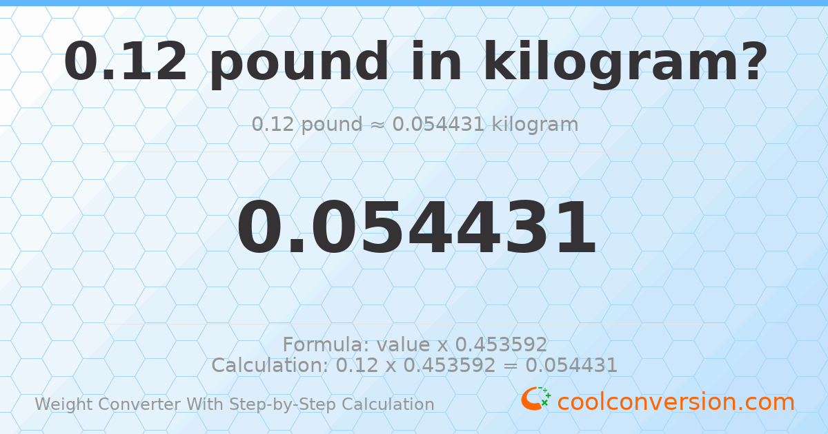 0.12 pounds = 0.0544311 kilograms