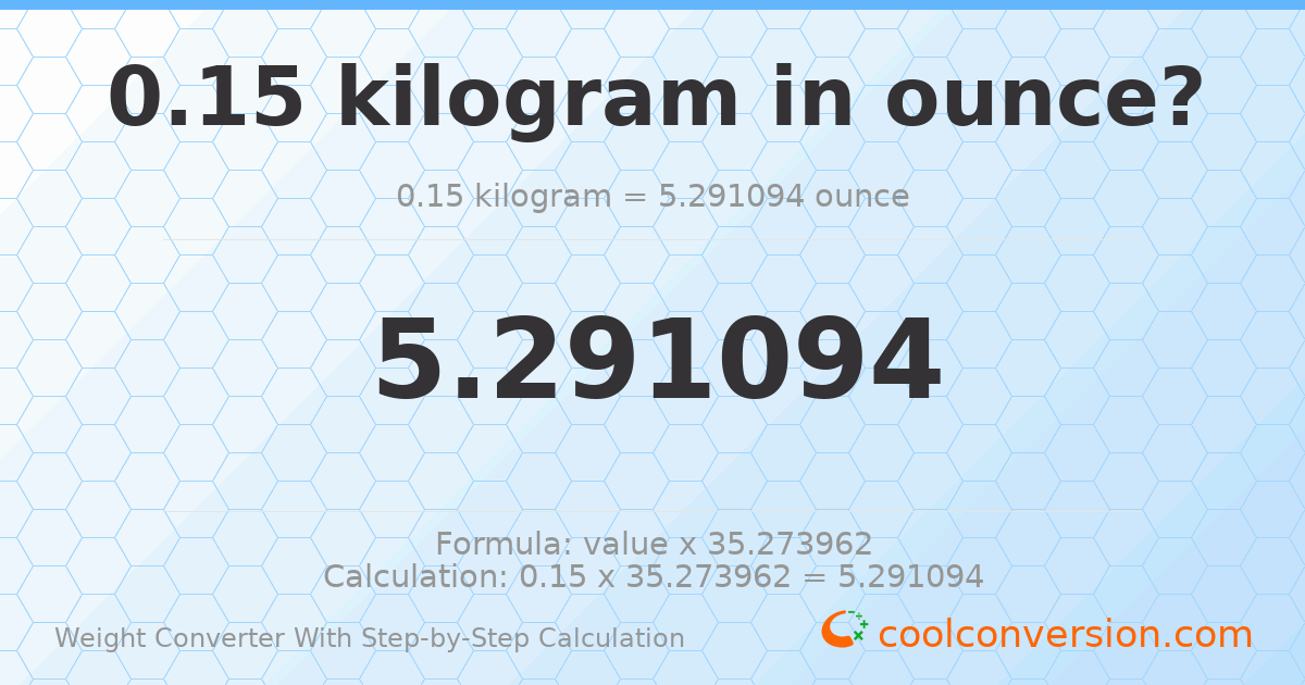 0.15 kilograms = 5.29109 ounces