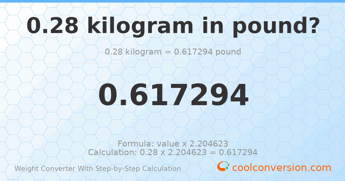 0.28 kilograms = 0.617294 pounds