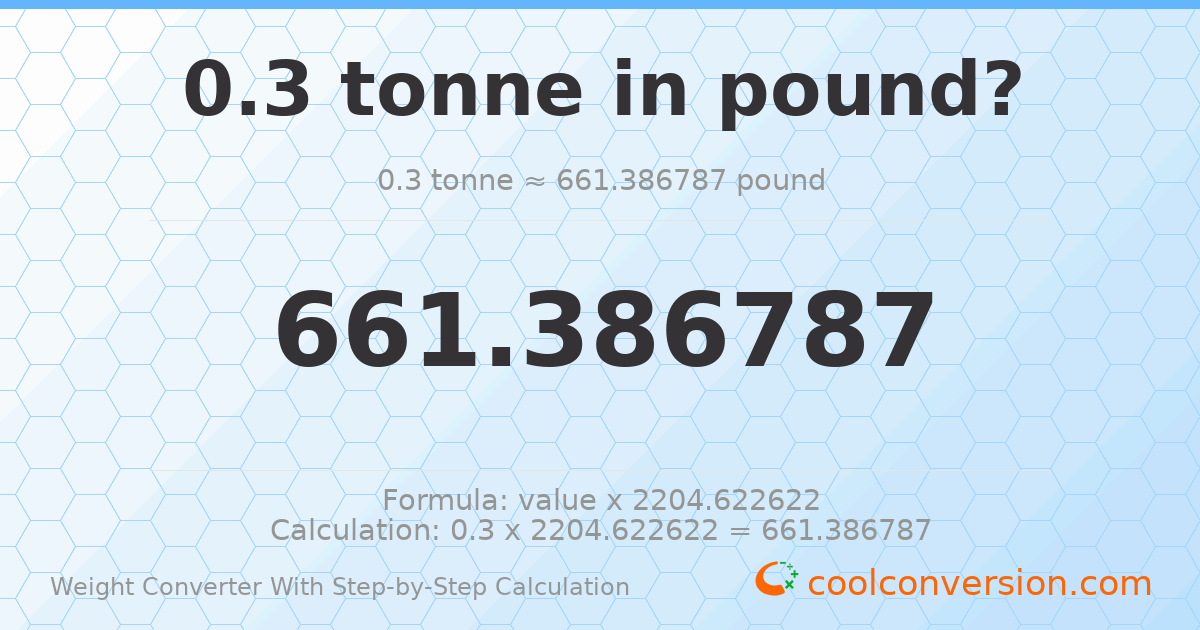 0.3 tonnes = 661.387 pounds