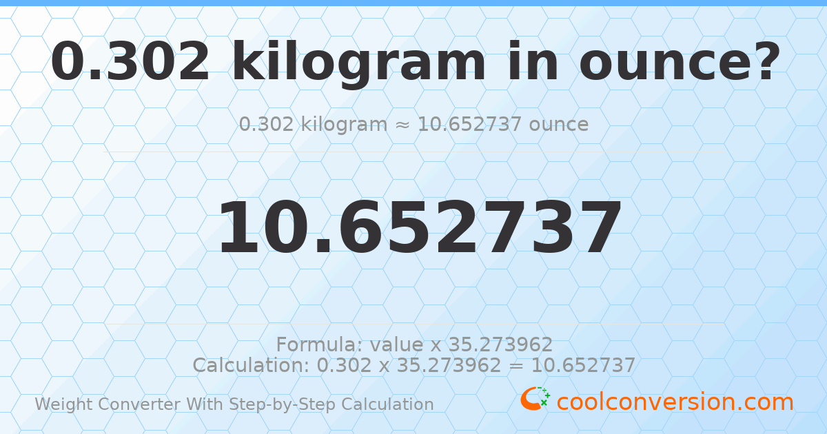0.302 kilograms = 10.6527 ounces