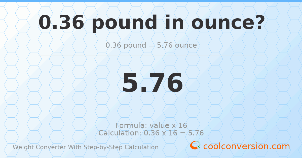 0.36 pounds = 5.76 ounces