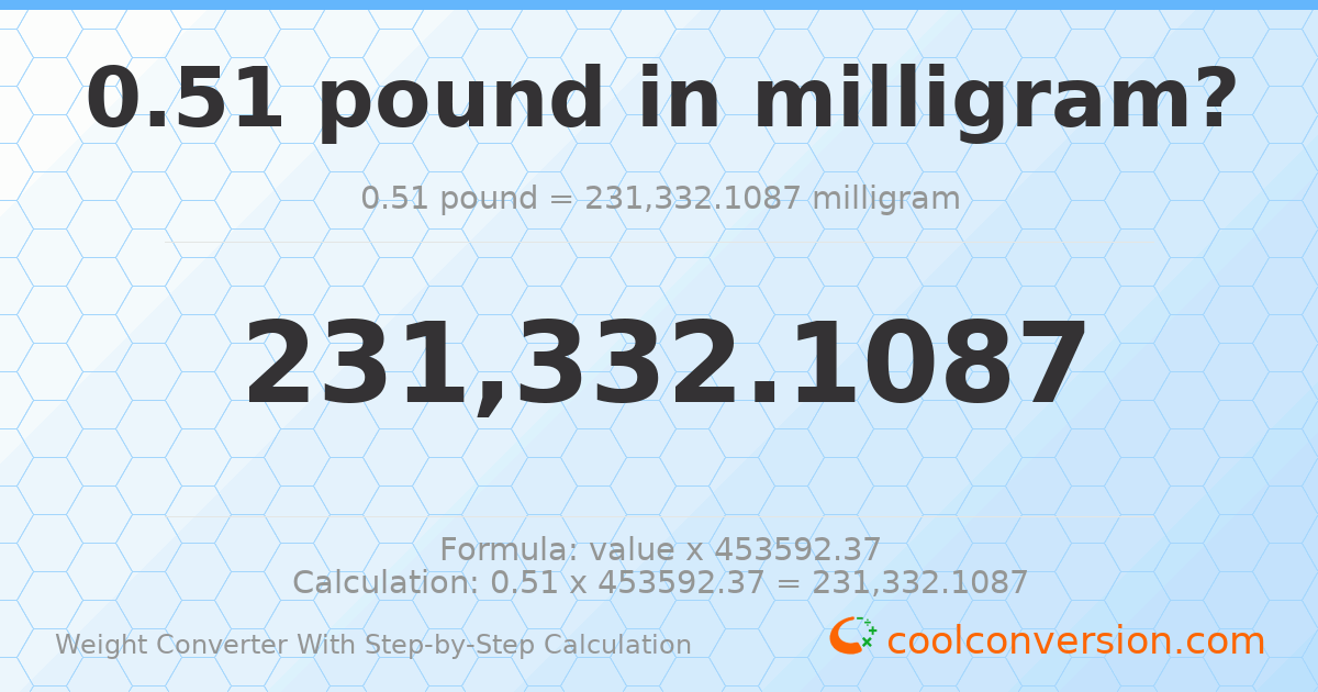 0.51 pounds = 231332 milligrams