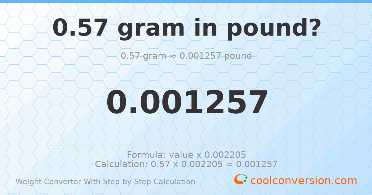0.57 grams = 0.00125663 pounds
