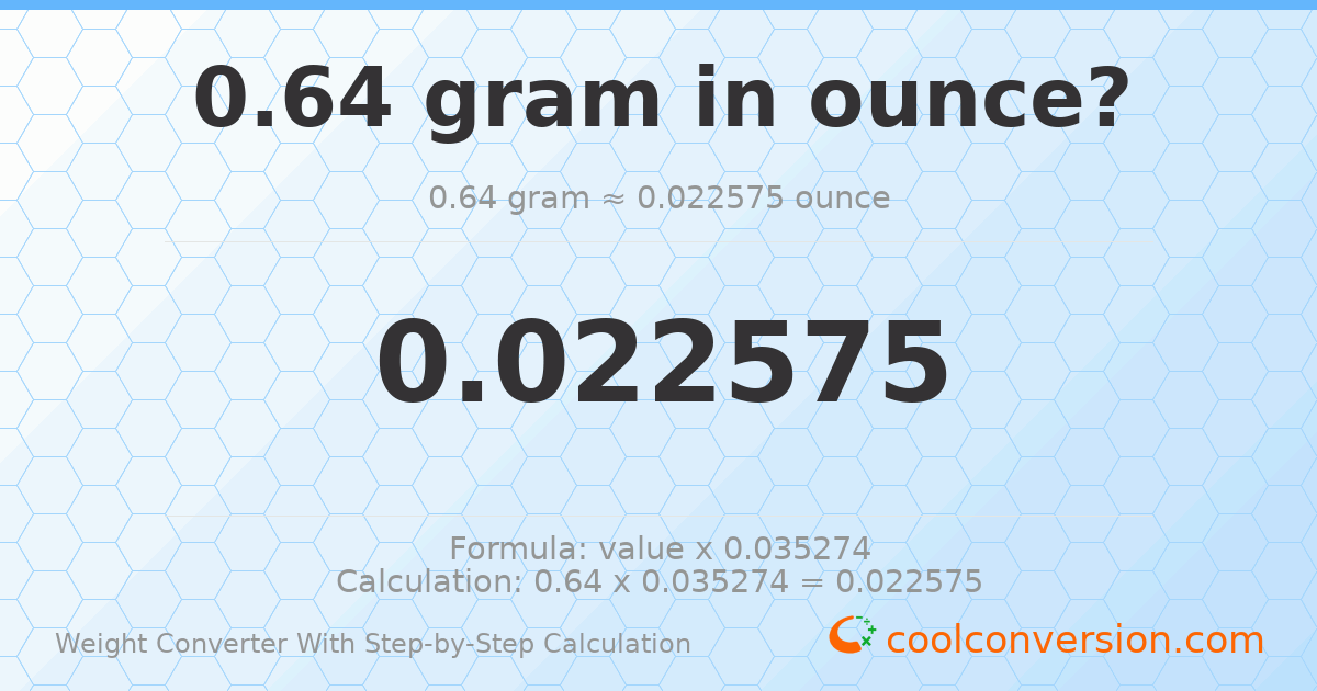 0.64 grams = 0.0225753 ounces
