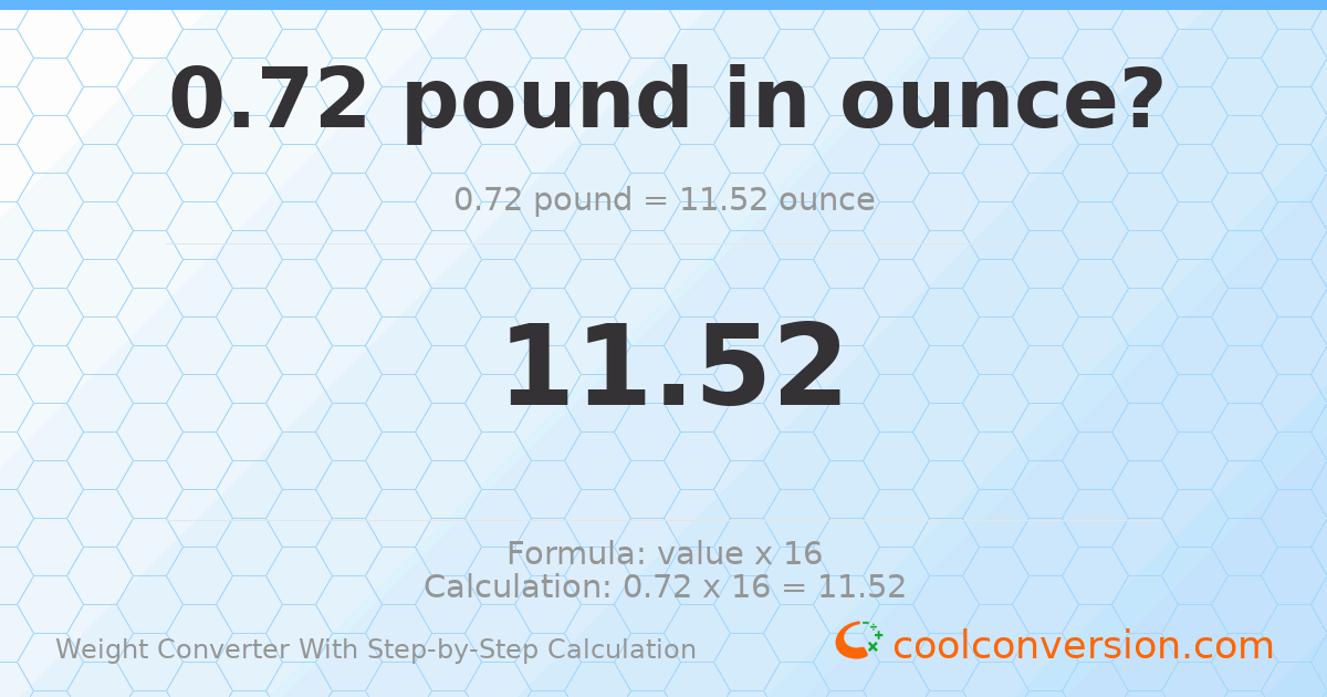 0.72 pounds = 11.52 ounces