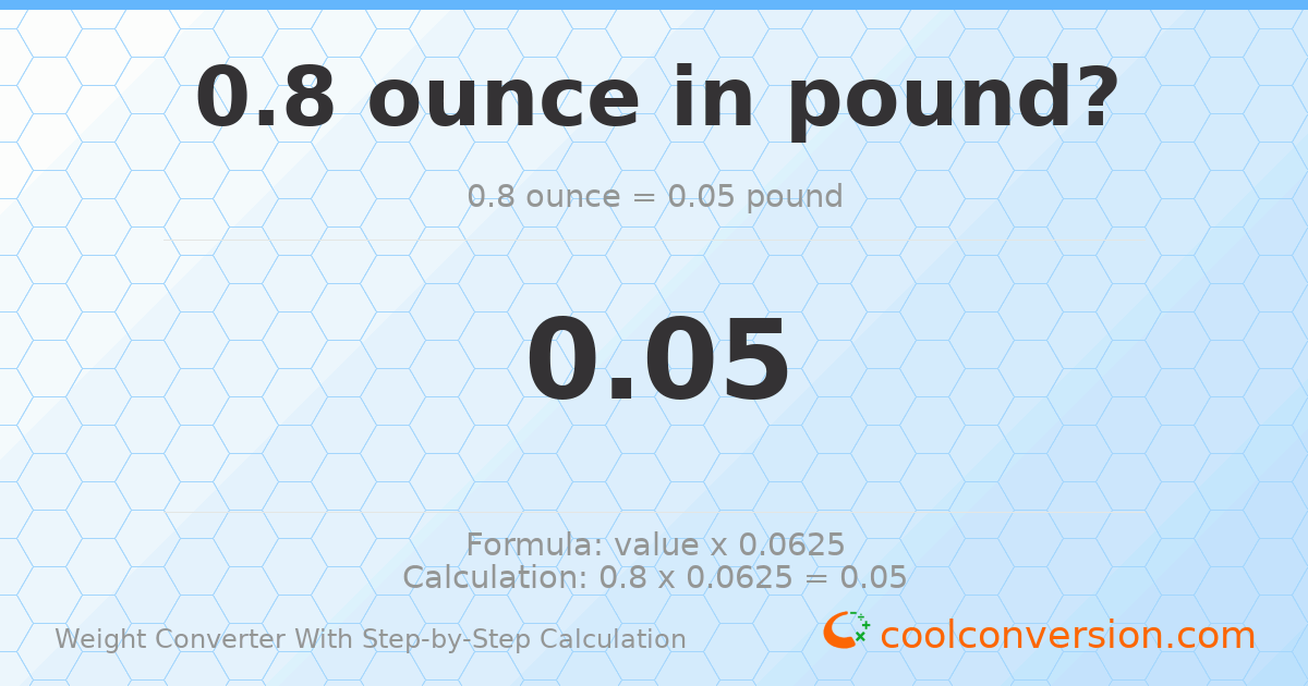 0.8 ounces = 0.05 pounds